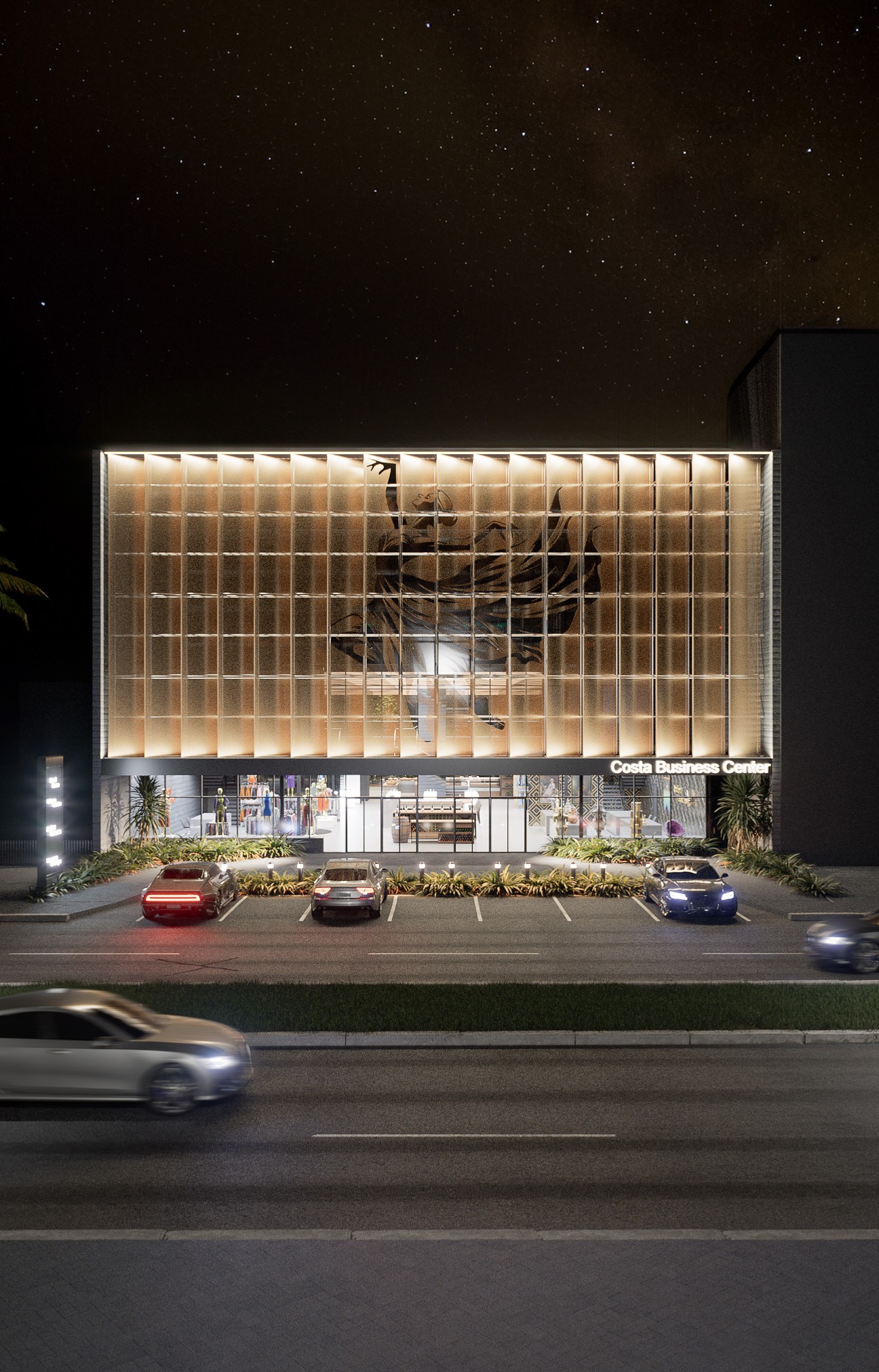 Fachada noturna com painéis iluminados e acesso no térreo.