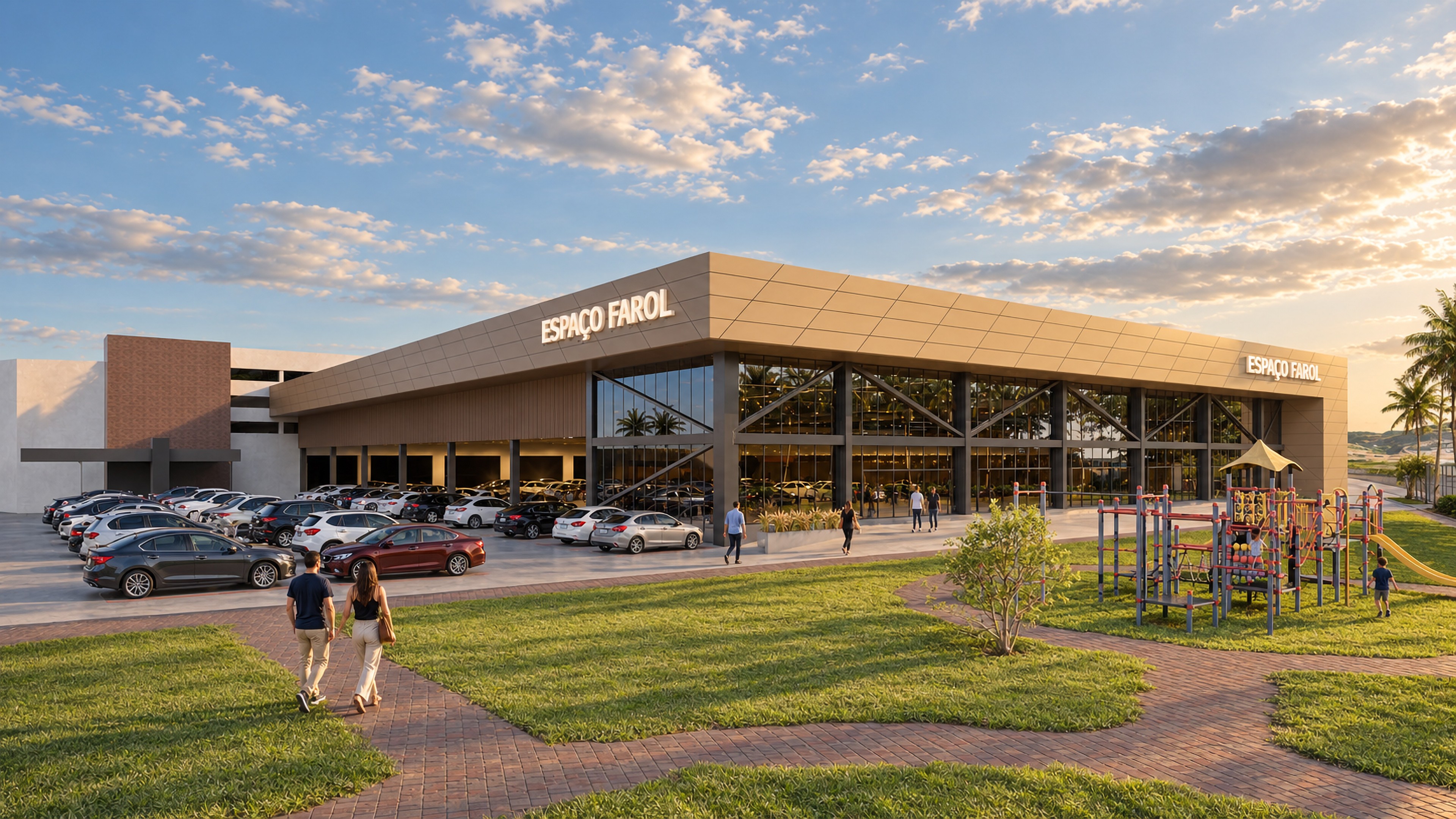 Vista externa do centro de eventos, com acesso envidraçado e jardim.